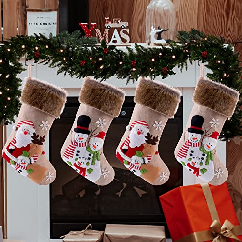 Fzeneast Christmas Stockings, 4 Pieces Large Hanging 3D Santa Snowman Reindeer Christmas Socks Gift Bag With Plush Fur Cuff For Xmas Holiday Decoration(16.5Inch) #TOP14