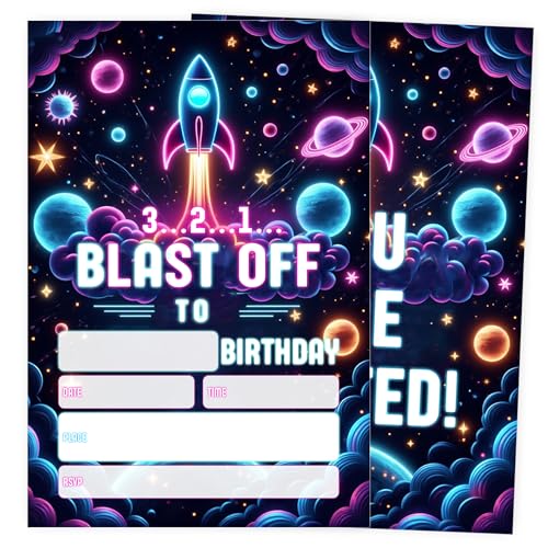 Dualmins Outer Space Birthday Invitations for Boys Girls, Rocket Birthday Party Invitations, 20 Pack Space Themed Invite Cards with Envelopes, Birthdays, School Parties Decorations, 4x6 Inch-A09