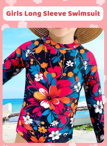 Image of Alakuoti Long Sleeve One Piece Ruffle Swimsuit for Toddler Girls Baby Girl Rashguard Shirt with UPF 50+ Sun Protection