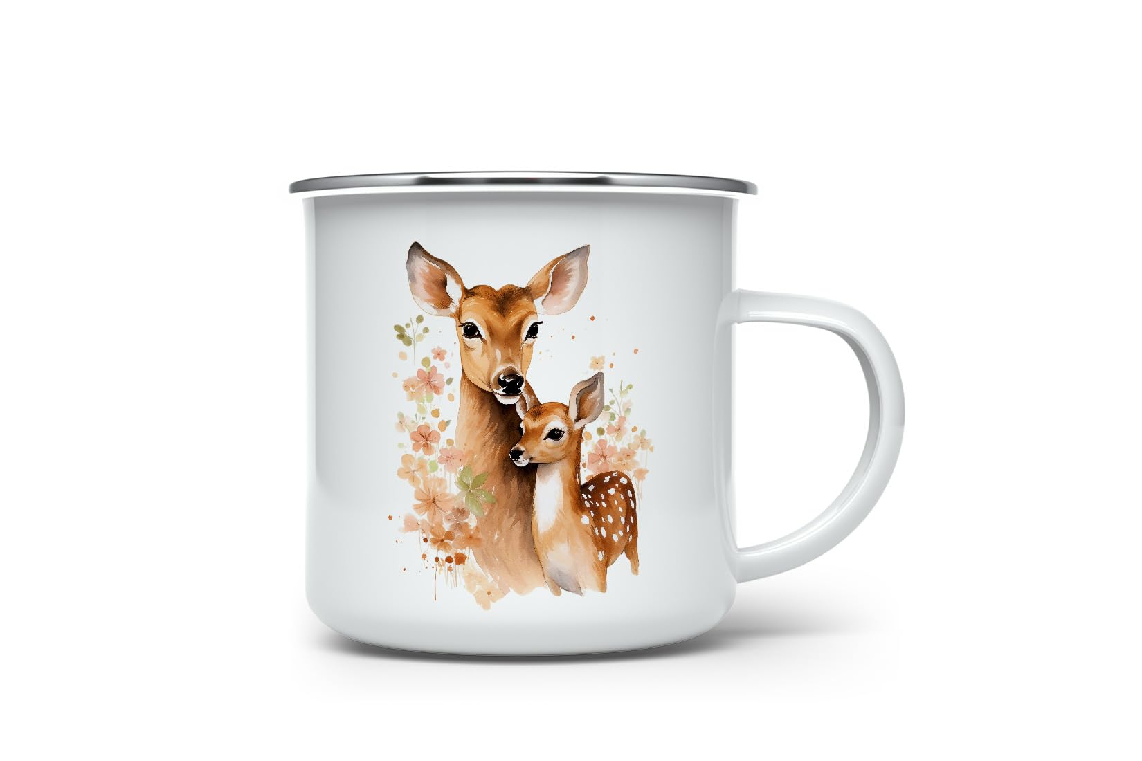 MAXIKIWI - Durable Enamel Coffee or Tea Camping Mug for Indoor Outdoor Use - Mama Baby Deer - 350ml