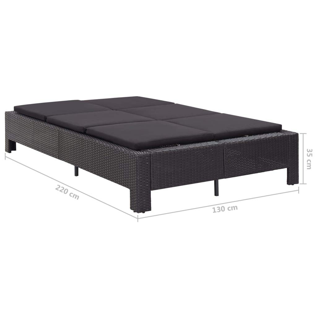 Leżak do opalania dla 2 osób, czarny rattan PE, 220 x 130 x 35 cm, malowany proszkowo stalowy stelaż, regulowany, do ogrodu, na balkon, taras, basen