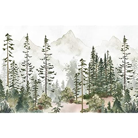 Innovative Stencils Watercolor Pine Tree Forest Mountains Peel and Stick Wallpaper Self Adhesive Nursery Décor Fabric Woodland Decal - Custom Sizes Mural #3195 (96" H x 120" W, White Sky) Cover