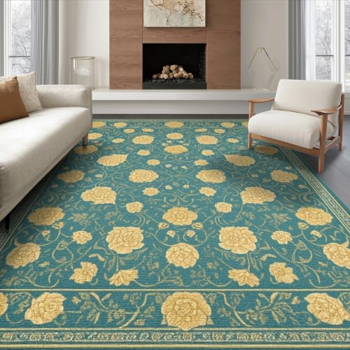ODIKA 6'x9' Teal Gold Boho Farmhouse Floral Artistry Washable Area Rug