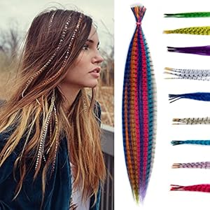 SARLA Synthetic Feather Hair Extensions Kit 16 Inch 50 Pcs I-tip Hair Feathers for Girls Women 10 Mixed Colors with Plier Hook Beads Heat Friendly Fiber