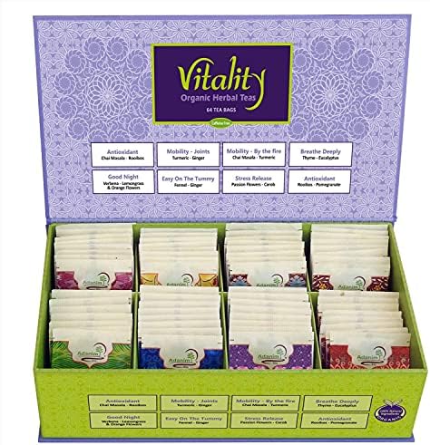 Adanim Bio Vitality Organic Tea Sampler Gift Set Box (8 Flavors Herbal Tea Variety Pack, 64 Individual Tea Bags) Caffeine Free Tea Sets, Assorted Tea Set, Tea Gifts for Tea Lovers Women