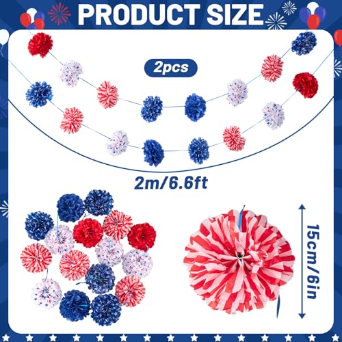 Image of Homarkable Red White and Blue Tissue Paper Pom Pom Garlands, Patriotic Decorations, Paper Pompom Decors for Memorial Day, Fourth of July Independence Day Supplies Party Decor