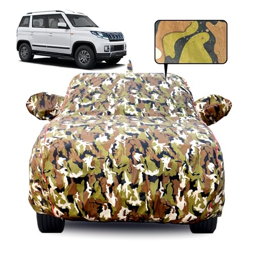 Image of Waterproof Car Body Cover for Mahindra TUV 300 with Mirror Pocket, Soft Cotton Lining, Triple Stitched, Full Bottom Elastic (Heat Resistant Jungle Print with Red Piping)