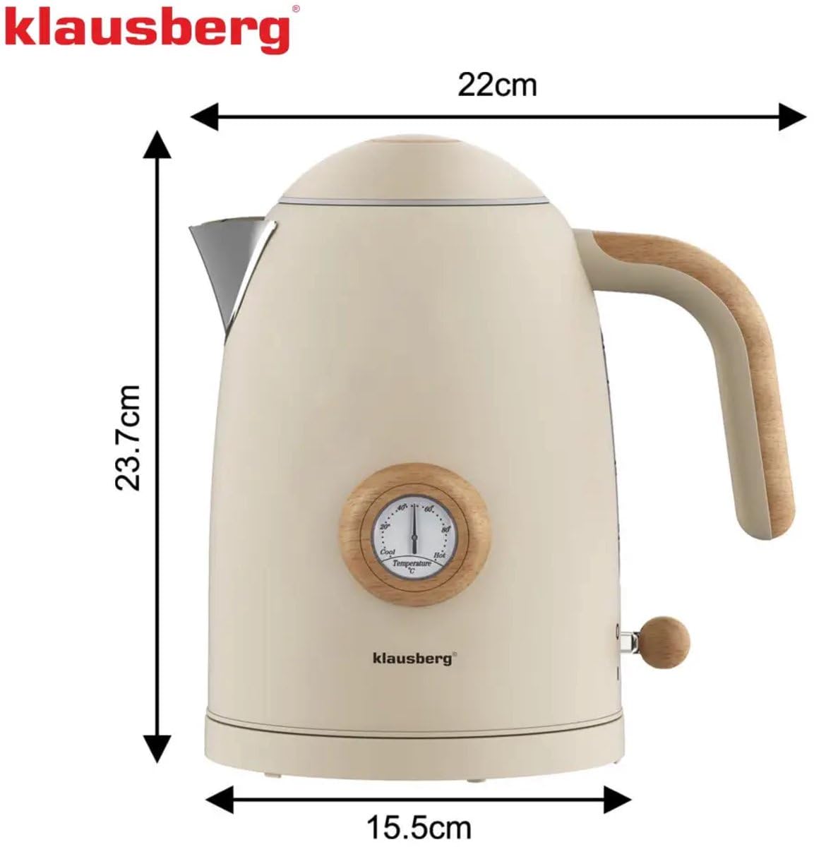 Klausberg Retro czajnik elektryczny z termometrem, 1,7 l, beżowy, stal nierdzewna 304, 220-240 V, 2200 W
