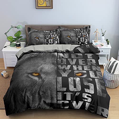 Conjunto de cama adulto de leão de animal preto de tamanho completo para adultos e crianças, conjunto de capa de edredom de microfibra macia com fecho de zíper, 1 capa de colcha 199 cm x 223 cm + 2 fronhas