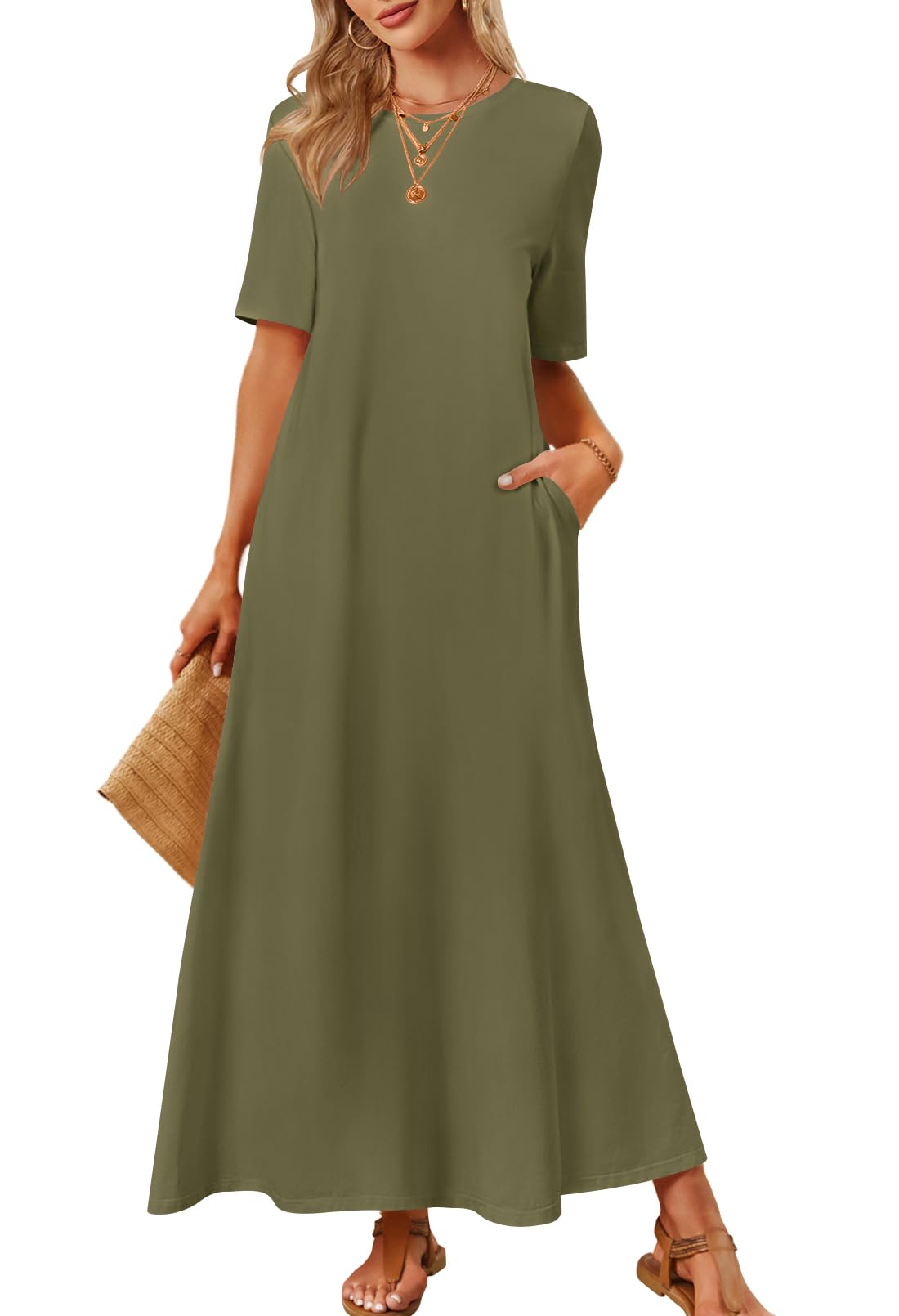 MEROKEETY Summer Spring Maxi Dresses for Women 2026 Beach Vacation Casual Short Sleeve Long T Shirt Dress with Pockets