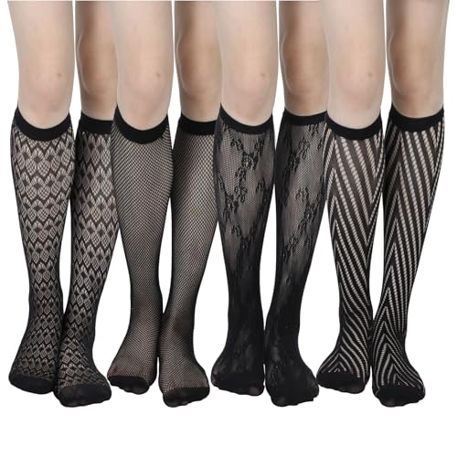 4 Pairs Lace Knee High Socks, Stretchable Semi Sheer Calf Lace Socks, Black Hollow Fishnet Knee High Sock, Stylish Sexy Sheer Mesh Knees Highs Tights Stockings for Women Girls