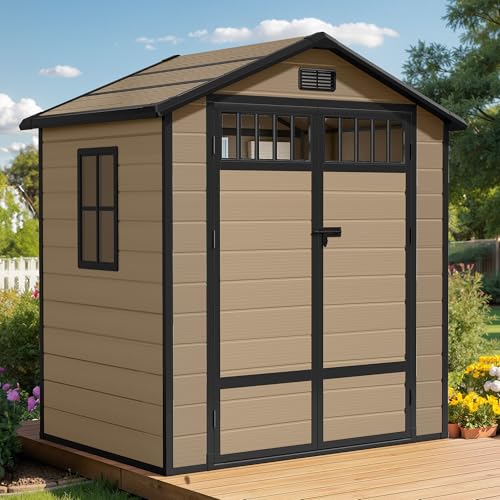 DWVO Plastic Outdoor Storage Shed, All-Weather Plastic Storage Shed with Windows, Slanted Roof, Raised Floor-RL (Brown, 6x4.4 FT)