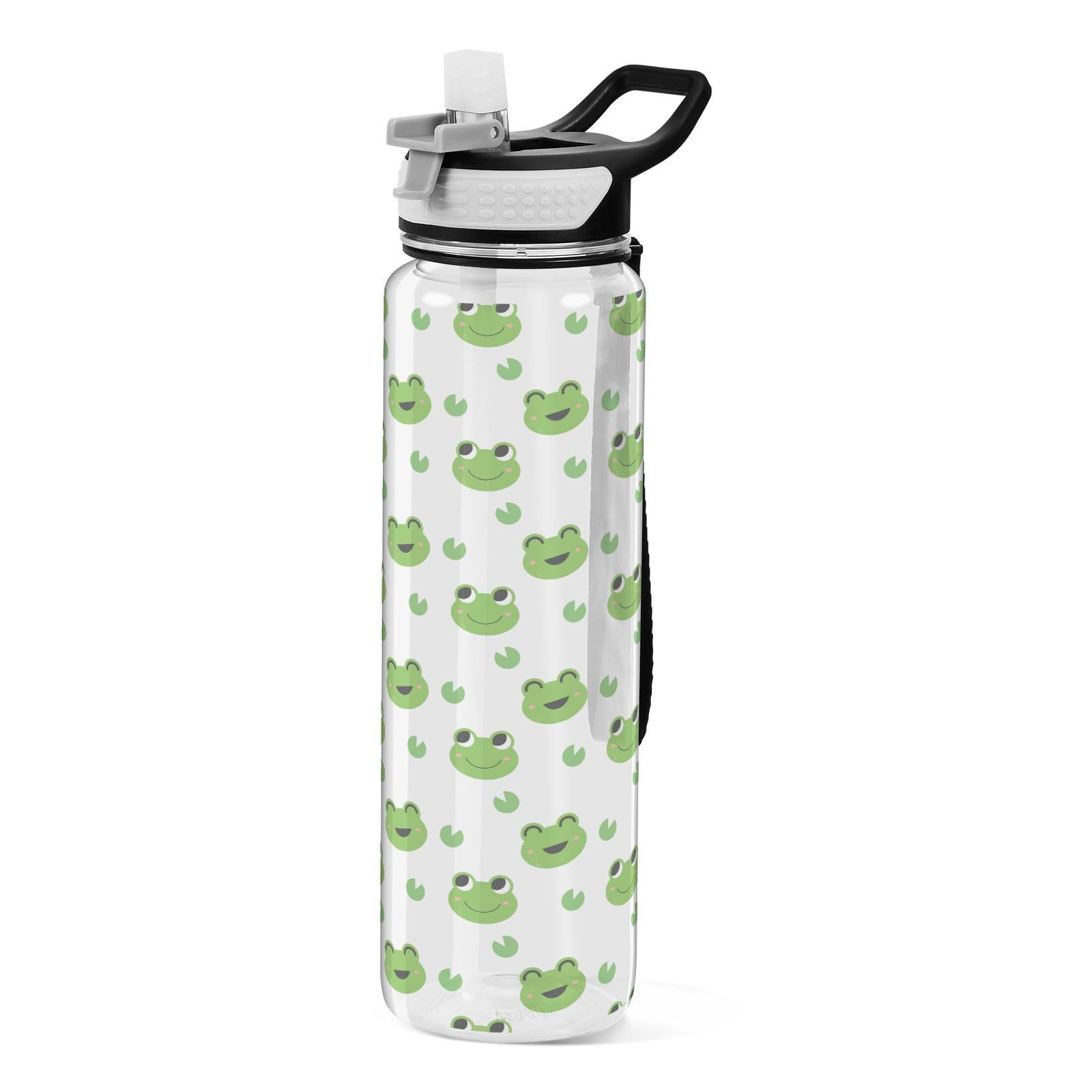 Mnsruu Cute Frogs Leaves Water Bottle 1L with Straw, Leakproof BPA Free Tritan Drink Bottle, Sport Water Bottle for Men Women Kids