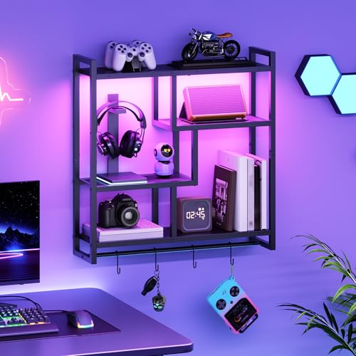 Image of HOOBRO Gaming Floating Shelves with LED Lights, 28.7 inch LED Wall Mounted Shelf, 4-Tier Floating Wall Shelf for Storage, Display Rack with Hanging Bar and 4 S Hooks, for Gaming Room, Black BB37DBJ01