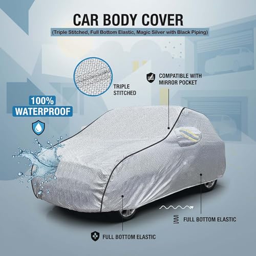 Image of Sulfar 100% Waterproof Car Body Cover Compatible with Mirror for Kia Syros (Triple Stitched, Full Bottom Elastic, Magic Silver with Black Piping)
