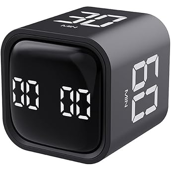 Digital Cube Timer Kitchen Timer Gravity Sensor Flip Digital Timer Focus Timer Silent & Alarm for Work Study Task Meeting Productivity ADHD Office Black