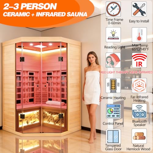 Ceramic Infrared Sauna 2-3 Person, 660nm & 850nm Red Light Therapy Infrared Saunas, Far & Near Infrared Corner Sauna, 1810W/120V Wooden Home Indoor Sauna Room with Bluetooth Speaker, Granite Backdrop - Image 2