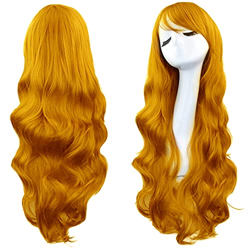 Rbenxia Curly Cosplay Wig Long Hair Heat Resistant Spiral Costume Wigs Anime Fashion Wavy Curly Cosplay Daily Party Yellow 32" 80cm
