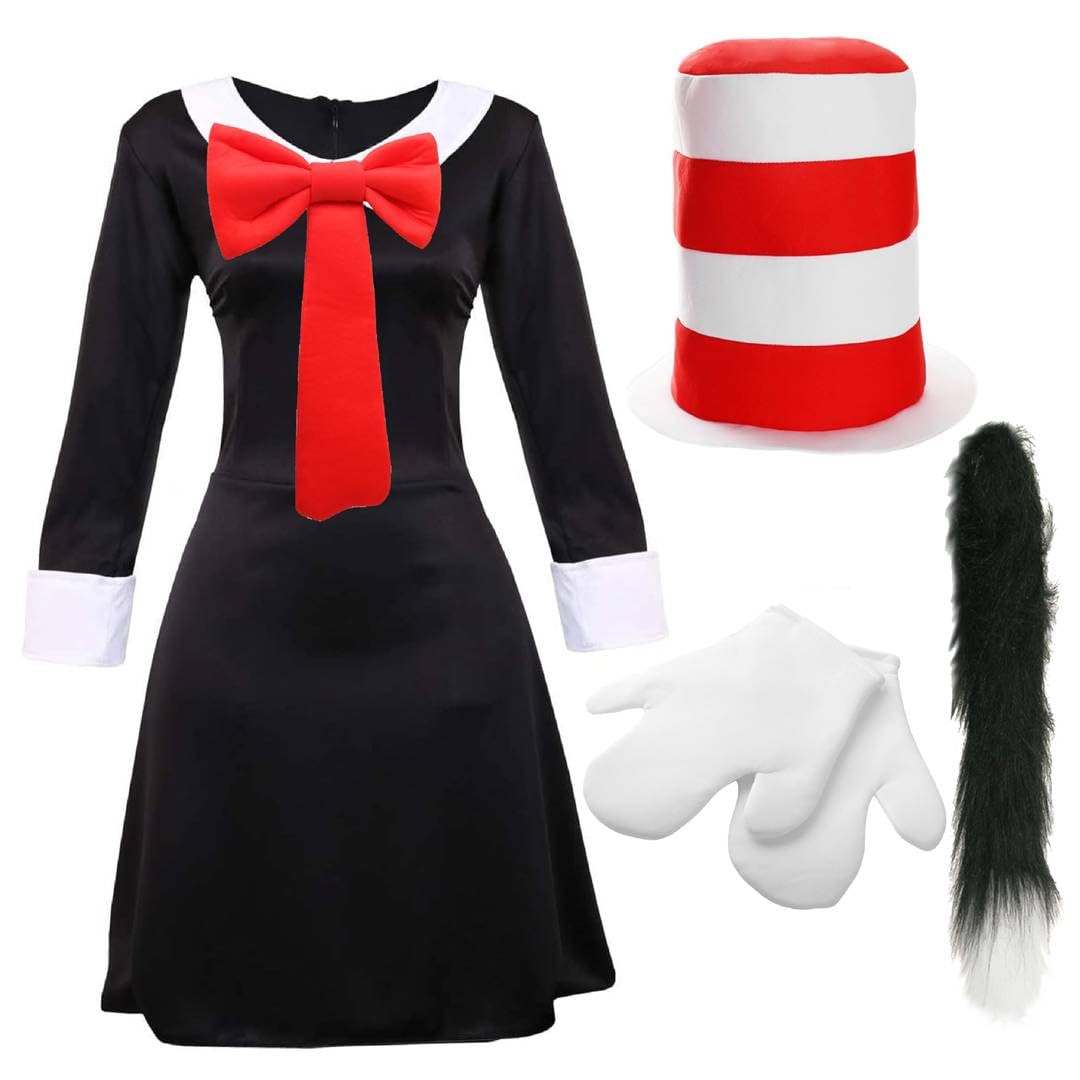 Ladies Crazy Cat Costume - Small - Black and White Dress, Red Bowtie, Red and White Striped Hat, Gloves, Cat Tail - Childs World Book Day Book Week Fancy Dress, Red Bowtie Costume