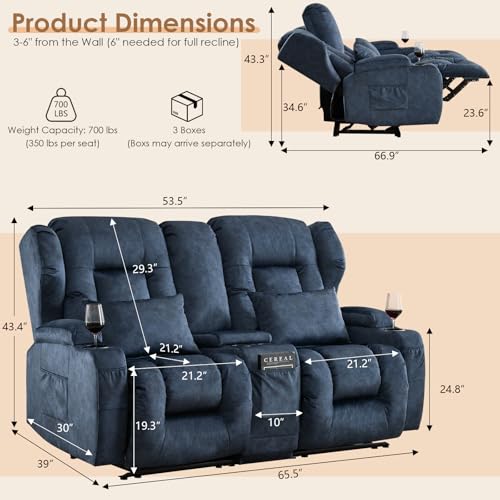 Image of SAMERY 67' RV Loveseat Recliner Sofa, Linen, Wall Hugger, 2 Seats, 350 lbs, Blue, Manual Reclining Home Theater Seating