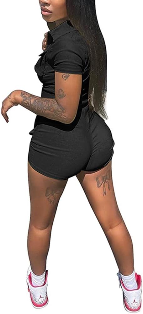 Women Sexy Zip up Jumpsuits Lapel Neck Short Sleeve Bodycon Shorts Romper with Pockets - Image 4