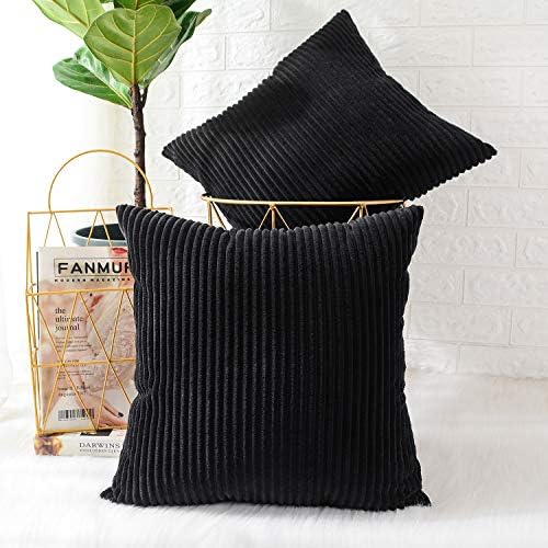 MERNETTE Pack of 2, Corduroy Soft Decorative Square Throw Pillow Cover Cushion Covers Pillowcase, Home Decor Decorations for Sofa Couch Bed Chair 18x18 Inch/45x45 cm (Striped Black)
