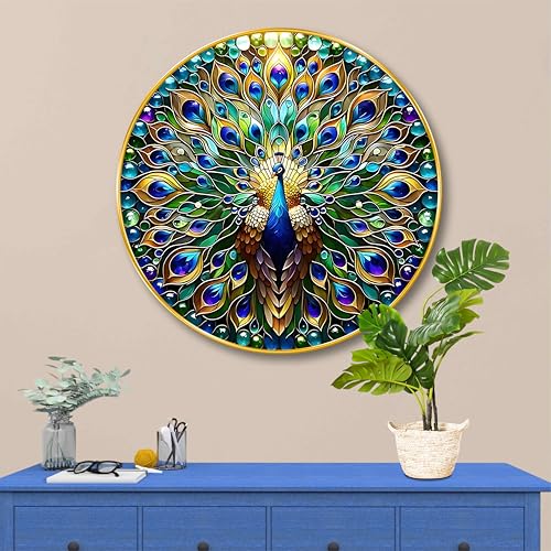 Image of SAF Vibrant Peacock Round Wall Art | 3D Embossed MDF Panel with Golden Rim | Multicolor Luxury Wall Decor | Modern Art Frame for Home Decoration and Gifting (23 x 23 Inch) GR-305