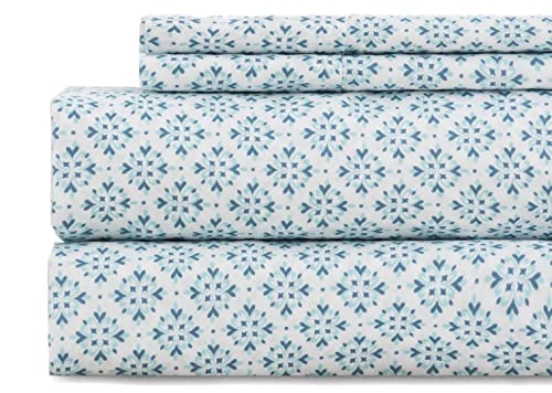 Full Sheet Set 4Pc Printed Greenish Blue Floral Pattern Double Bed Luxury Cooling Soft 100% Microfiber Brushed Sheets With 17” Deep Pocket, Easy Care, Breathable, Wrinkle Free, Machine Washable #TOP8
