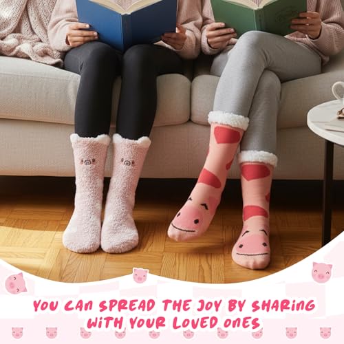 Image of Liitrsh 2 Pairs Fuzzy Slipper Socks with Grippers Animal Sock Sherpa Lining Warm Plush Animal Lover Gift for Valentine's Day