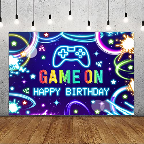 Lofaris 5x3ft Game On Background Boys Neon Happy Birthday Video Game Backdrop Level Up Kids Birthday Party Supplies Black and Blue Gamer Party Banner Decorations Cake Table Photo Booth Props