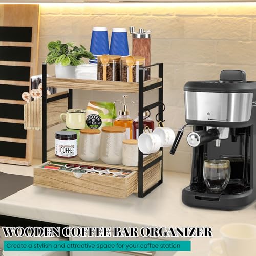 2 Tier Coffee Bar Accessories and Organizer, Wood Coffee Station Organizer for Kitchen Countertop, Coffee Mug Cup Holder Stand with 4 Hooks, Multifunctional Coffee Pod Organizer for Coffee Bar Decor