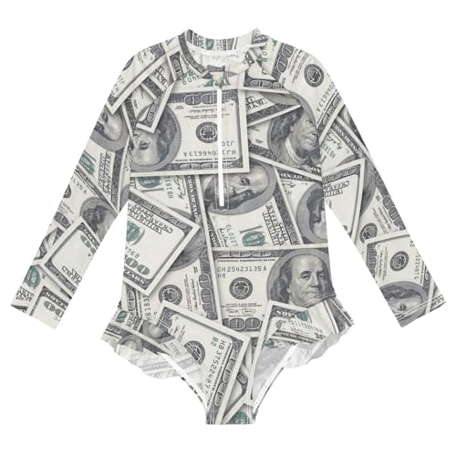 Girls One Piece Swimsuits Long Sleeve Swimsuit Zipper Bathing Suits Money Print