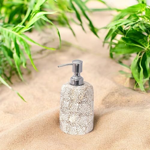 Image of Ceramic Soap Dispenser 330ml (Set of 1) | Multipurpose Lotion, Hand Wash & Liquid Soap Pump Bottle for Bathroom & Kitchen | White Brown Dotted Hexagon Design