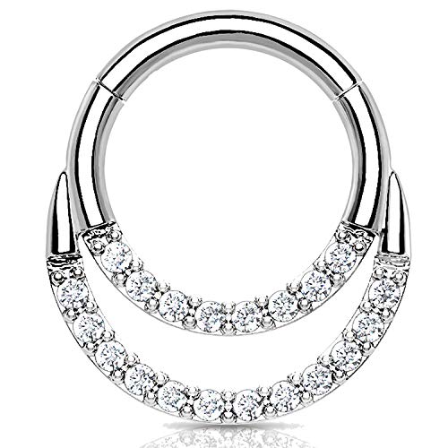 Bodyj4You Piercing Ring 16G Hinged Clicker Hoop Implant Grade Titanium Double Lined Paved Cz Gem Septum Nipple Daith #TOP10