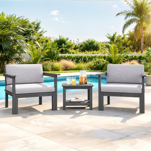 Image of Modular Outdoor Patio Conversation Set, 3-Piece HIPS Chairs with Side Table & Thick Cushions- Side Interlock & Detachable Armrest, All-Weather Patio Furniture Set for Backyard, Deck, Poolside