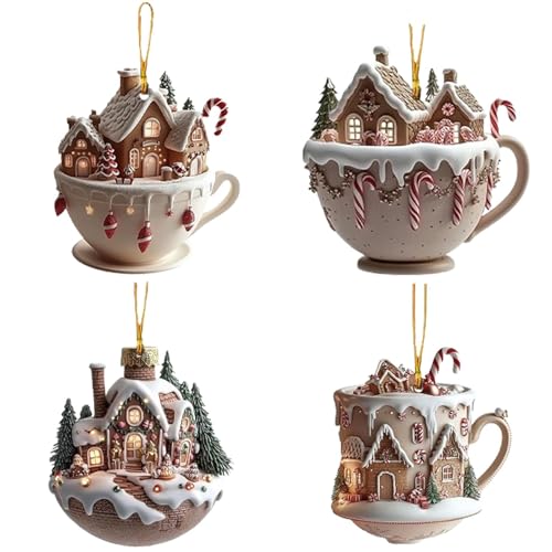 Adornos para Árbol de Navidad, 4 Piezas Acrílico Adornos Colgante de Árbol de Navidad con Forma de Taza de Café 2D, Decoraciones Colgantes para Árbol de Navidad, Adorno Colgante para Hogar Fiesta