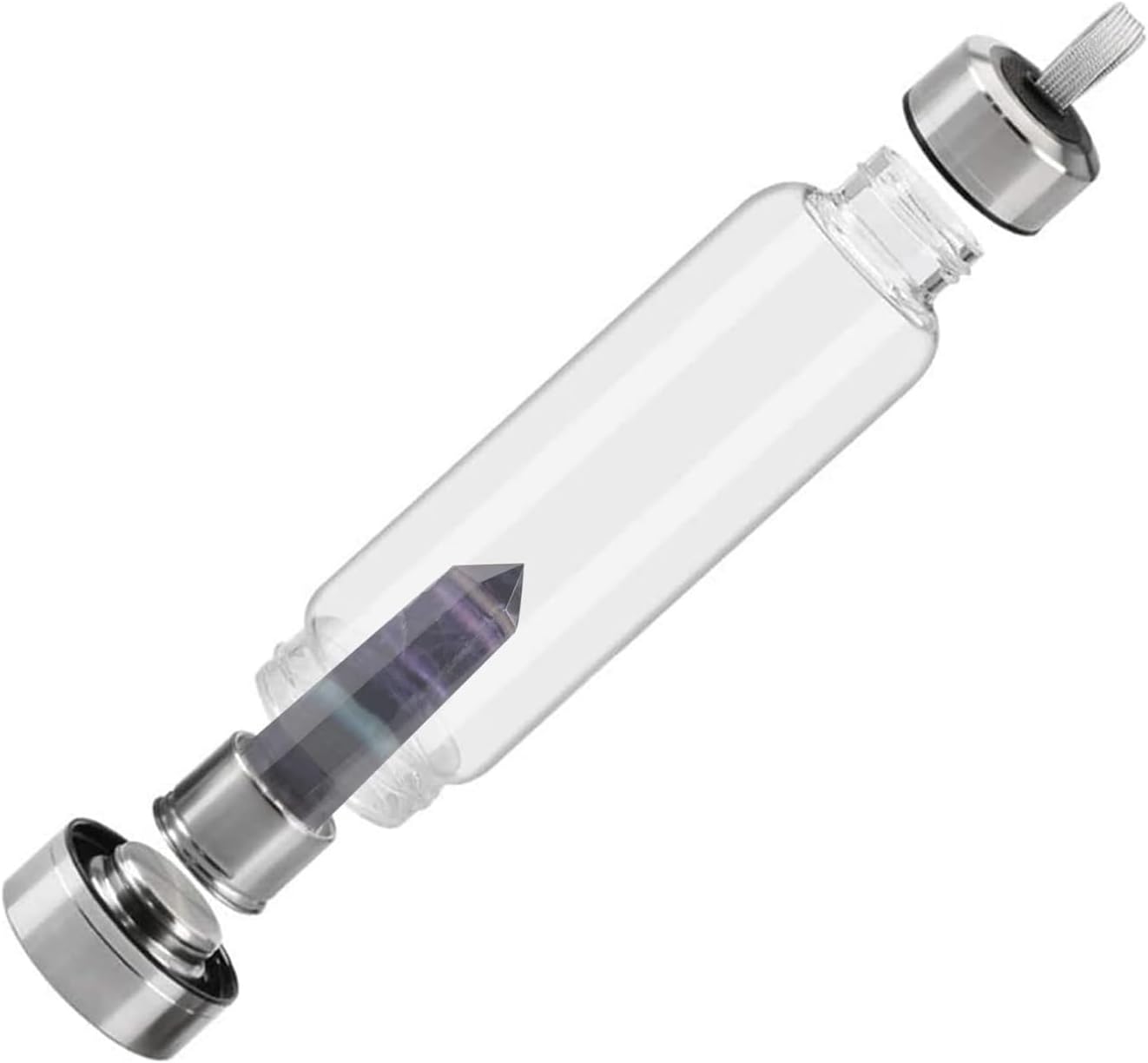 Crystal Water Bottle Healthy Glass Drinking Mug Energy Stick Healing Yoga Meditation Outdoor Sports Water Cup Stainless Steel Lid Natural Quartz Obelisk Decoration (Dark Coloured Crystal)