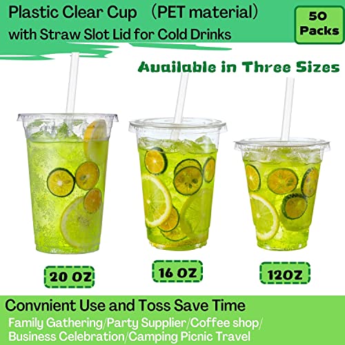 50 Sets of 12 oz Clear Plastic Cups with Lids and Straws for Cold Drinks - Disposable