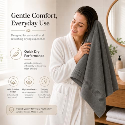 Image of 100% Pure Cotton Bath Towel for Men & Women | 380 GSM Ultra Soft, Highly Absorbent & Quick Dry Bath Towel | Large 55 x 28 Inch Matty Terry Towel for Bathroom, Gym, Travel & Daily Use | Charcoal Grey