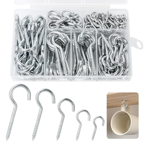 Nadinsta 135pcs Screw in Hooks, 5 Sizes Cup Hooks Screw in, 1/1.2/1.57/1.9/2.28 Inch Metal Ceiling Hooks, Silver Mug Hook for Wood, Hanging Plants, Cups, Lights, Kitchen Utensils