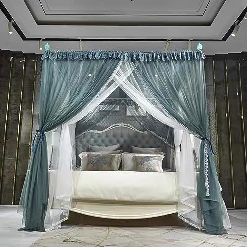 4 Corners Post Princess Mosquito Net Curtains Bed Canopy for Girls Curtain- Double Layer Sheer Mesh Canopies Drapes Girls Room Decor (Dark Green, Full)