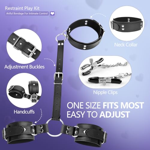 Image of BDSM Bondage Sex Collar Restraint Set, PU Leather Neck to Wrist Harness with Adjustable Handcuffs & Nipple Clamps,Kinky Sex Toys for Couples Role Play & Beginners