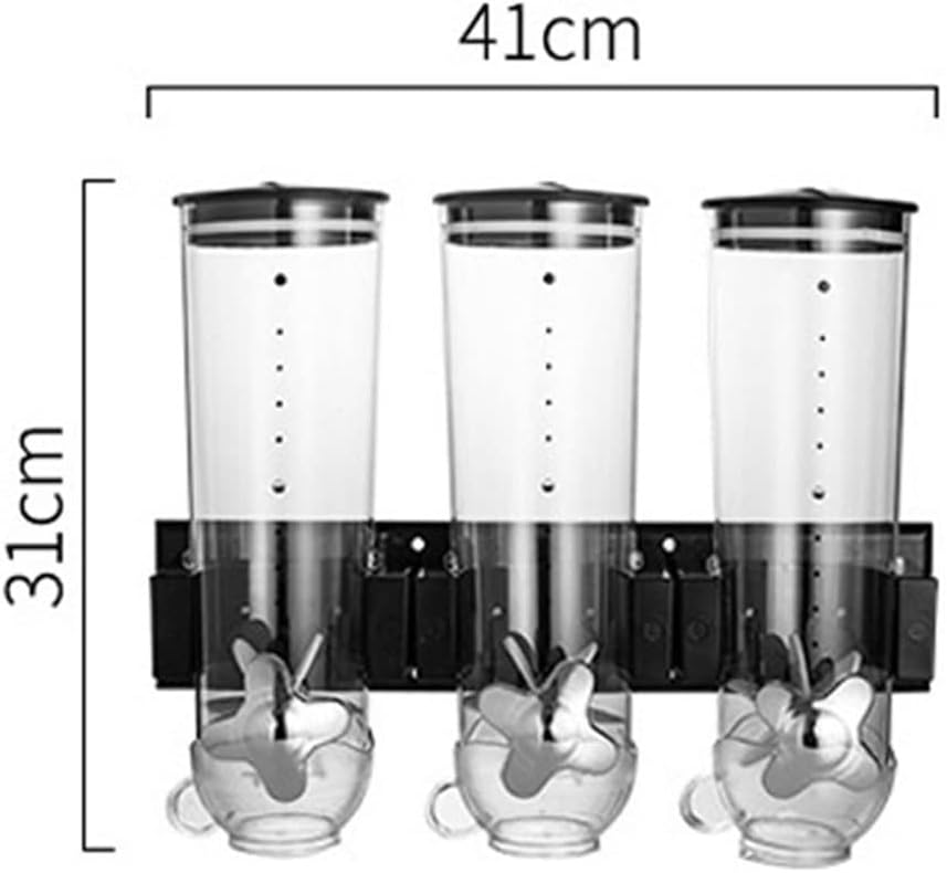 4.5L Triple Food Dispenser with 3 Cup Kitchen Wall Mounted Grain Dispenser for Store Cereal Nut Coffee BeansCandySnackDry Food (Black 4.5L)，Black-4.5L