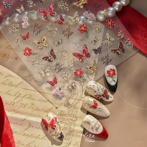 Image of NBNTGH Nail Stickers Flower Nail Stickers - Gold Trim Sparkle Self Adhesive Nail Decals with Handwritten Lettering for Luxury Manicure DIY Decoration (1 Sheet)