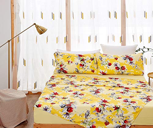 Dada Bedding Lovely Yellow Floral Fitted And Flat Bed Sheets - Radiant Sunshine Hummingbirds Multi-Colorful Red Flowers - Bright Vibrant W/Pillow Cases Set - King Size - 4-Pieces #TOP6