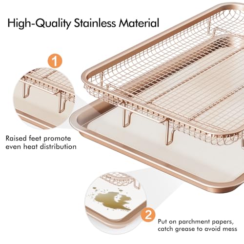 Image of Air Fryer Basket for Oven, THORSES 2 Set Oven Air Fryer Basket and Tray Set | with 60 Sheets Parchment Papers, Carbon Steel NonStick Air Fryer Pans and Tray-Large15 inchx11 inch & Medium13.4 inchx9.6 inch-Gold