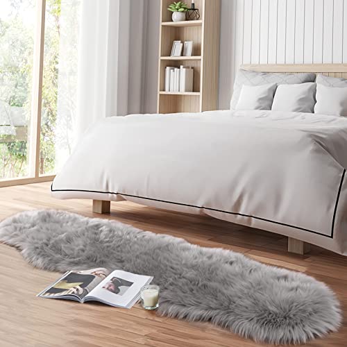 Image of Tangsoo 2x6 Grey Faux Fur Rug,Soft Sheepskin Fluffy Fuzzy Rug for Bedroom