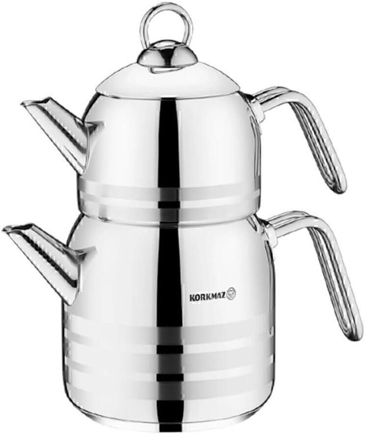 Korkmaz A199 Korkmaz Largo Turkish Teapot Set for Stovetop, 18/10 Stainless Steel Double Tea Maker with Heat Resistant Handles, Samovar Style Tea Kettle with 67.7 Oz (2000ml) & 148.8 Oz (4400ml)