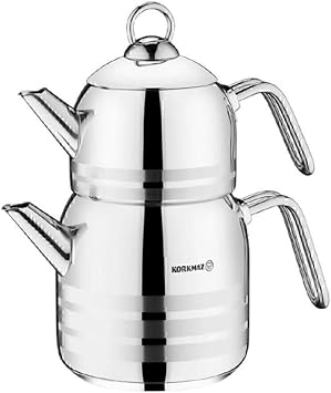 Korkmaz A199 Korkmaz Largo Turkish Teapot Set for Stovetop، 18/10 Stainless Stee Double Tea Maker with Heat Resistant Handles، Samovar Style Tea Kettle with 67.7 Oz 2000ml & 148.8 Oz 4400ml