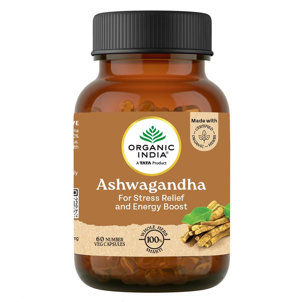 A TATA Product - Organic India Pure Ashwagandha Root Capsules - 60 Veg Caps (400mg), For Vitality & Relieves Stress, Naturally Boosts Energy & Stamina, Improves Immune System, GMP & NPOP Certified